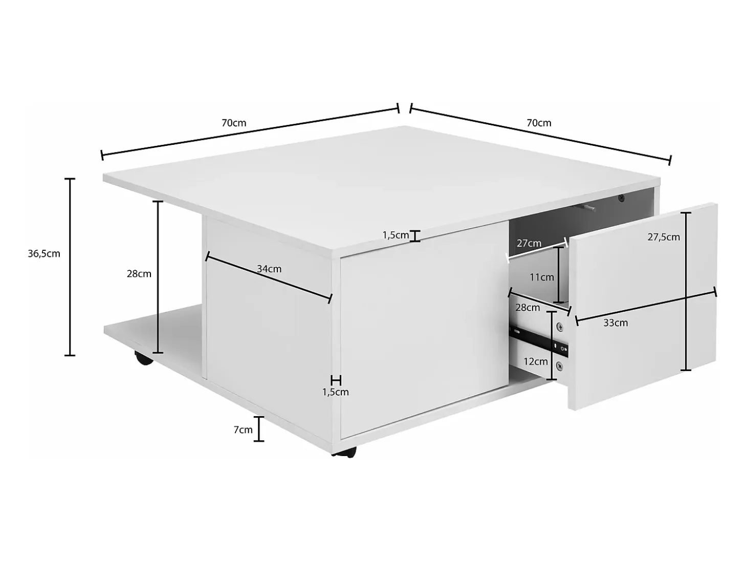 mesa de diseño 70x70 cm blanco | Mesa de salón con 2 cajones | Mesa de centro con ruedas | Mesa con 2 compartimentos.
