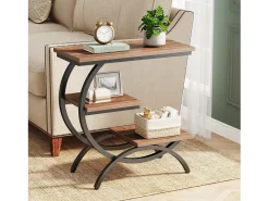 Mesa de apoyo de madera, pequeña mesa baja, mesa de noche, lateral de sofá con 3 estantes para salón, dormitorio, marrón oscuro