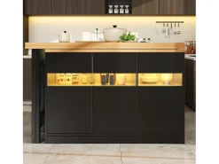 Mesa de bar extensible - 120/180 x 75,8 cm - con LED + 3 puertas - Rotación 360° - MDF - Negro