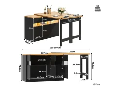 Mesa de bar extensible - 120/180 x 75,8 cm - con LED + 3 puertas - Rotación 360° - MDF - Negro