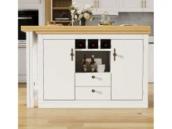 Mesa de bar extensible - 120/180 x 76 cm - con LED + 2 puertas + 2 cajones - Rotación 360° - MDF - Blanco