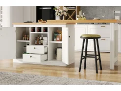Mesa de bar extensible - 120/180 x 76 cm - con LED + 2 puertas + 2 cajones - Rotación 360° - MDF - Blanco