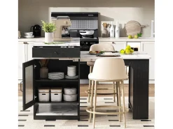 Mesa de bar extensible con tablero extraíble - 80 x 71/111/151 x 92 cm - con puerta + cajón - MDF + cristal - blanco + negro