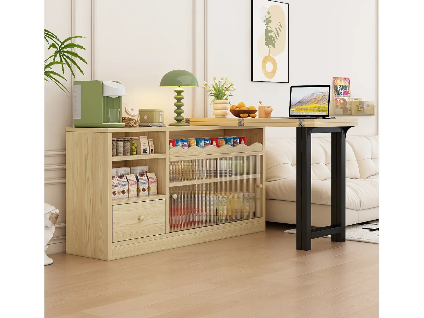 Mesa de bar extensible y plegable, mesa de comedor con cajón y dos puertas correderas de cristal, color natural