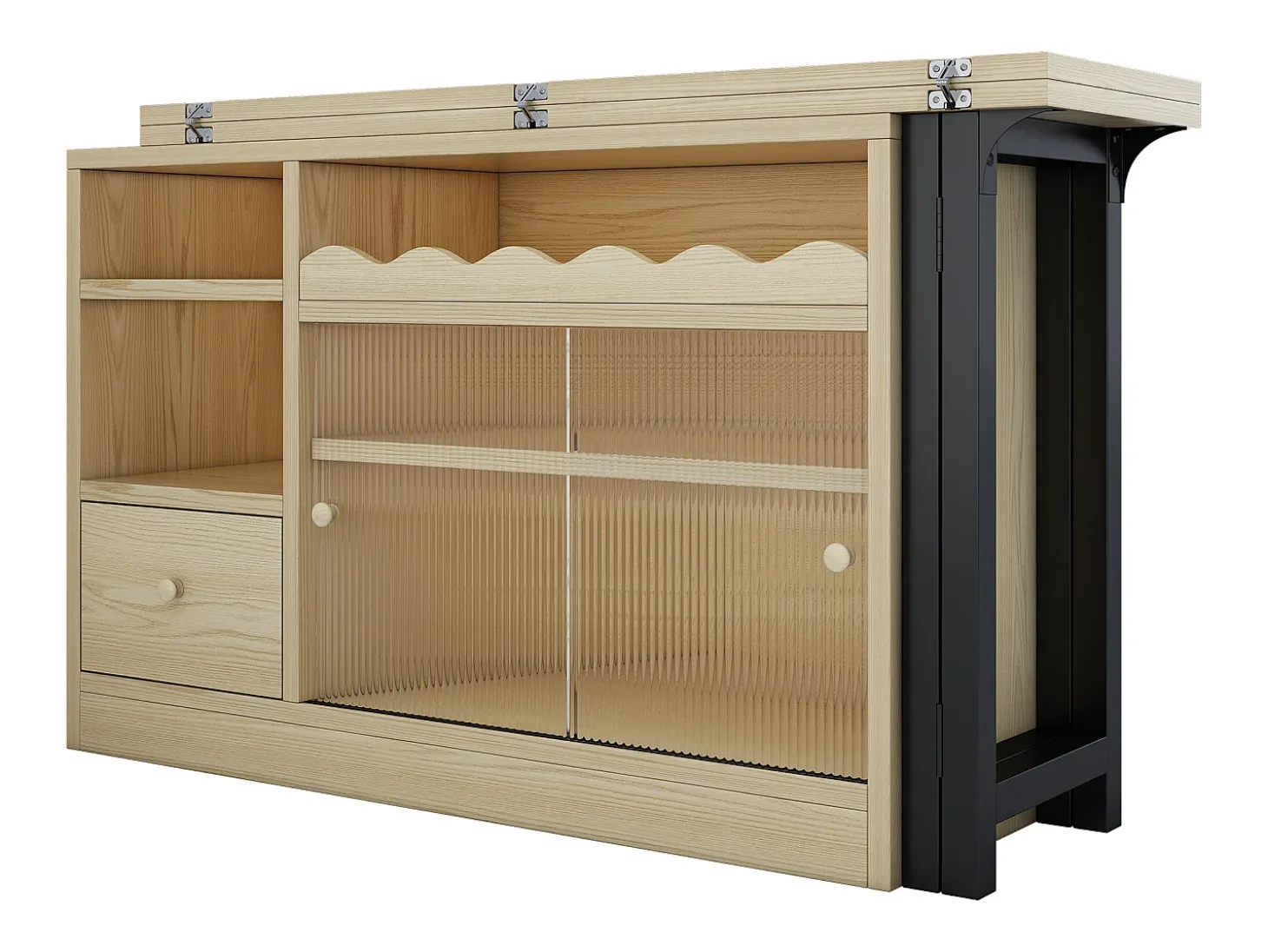 Mesa de bar extensible y plegable, mesa de comedor con cajón y dos puertas correderas de cristal, color natural