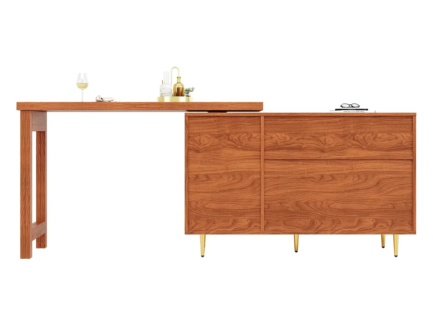 Mesa de bar giratoria con puerta de ratán y estante abierto - Mesa de comedor de madera - Marrón - 107 x 40 x 71,4 cm