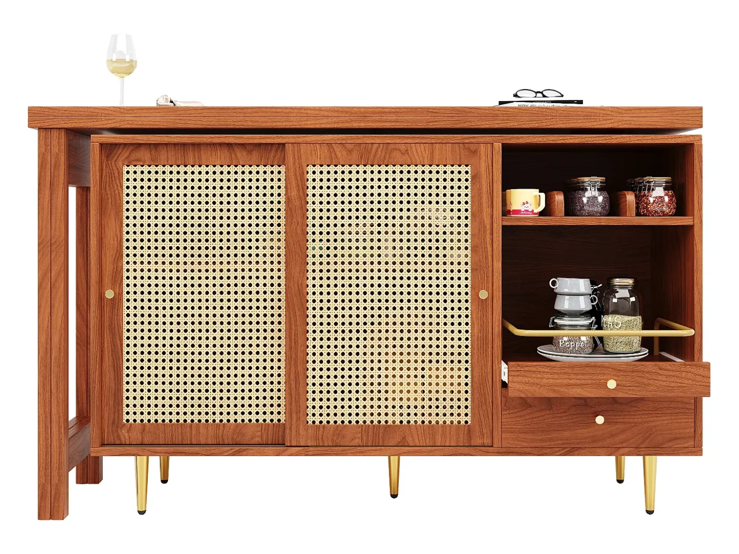 Mesa de bar giratoria con puerta de ratán y estante abierto - Mesa de comedor de madera - Marrón - 107 x 40 x 71,4 cm