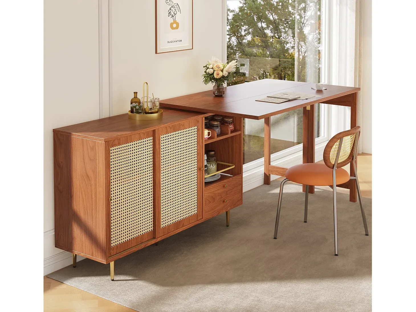 Mesa de bar giratoria con puerta de ratán y estante abierto - Mesa de comedor de madera - Marrón - 107 x 40 x 71,4 cm