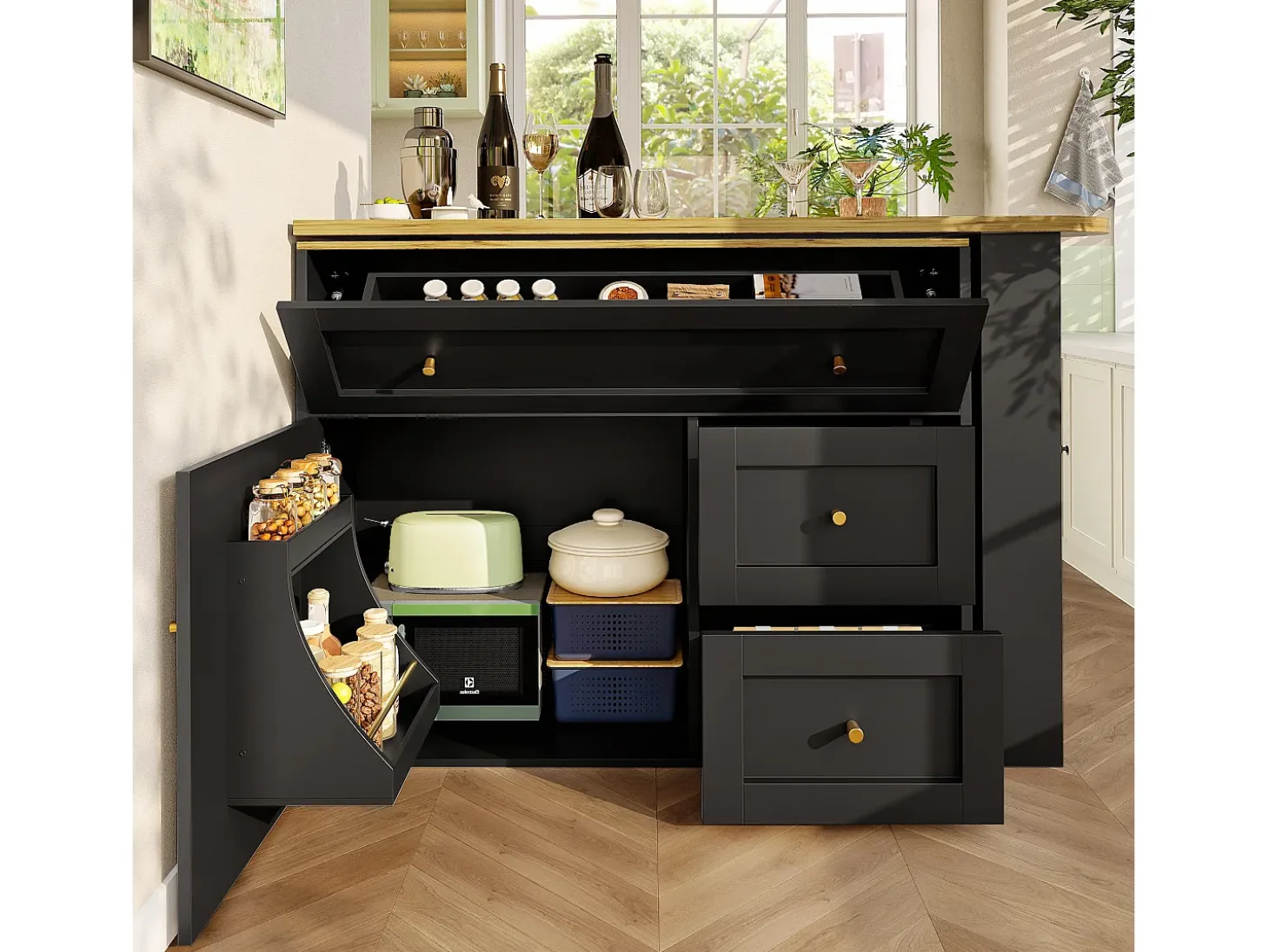 Mesa de bar giratoria con 1 puerta y 2 cajones, espacio de almacenamiento tipo buffet con tablero extensible (138-204)×39×105 cm - negro