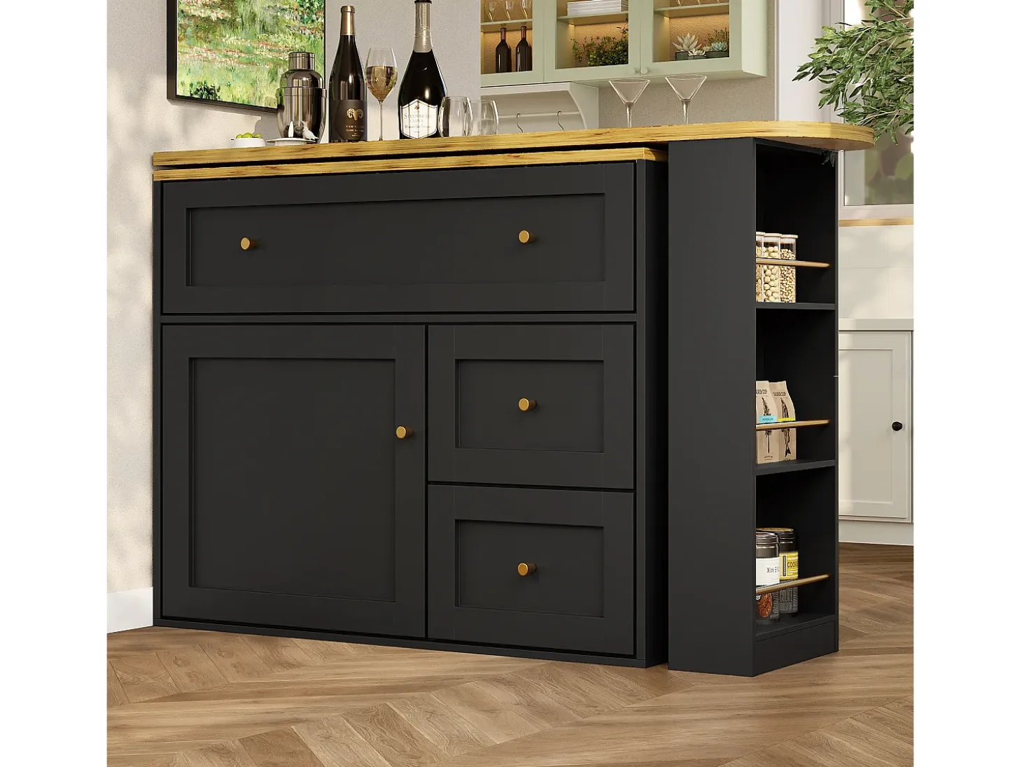 Mesa de bar giratoria con 1 puerta y 2 cajones, espacio de almacenamiento tipo buffet con tablero extensible (138-204)×39×105 cm - negro
