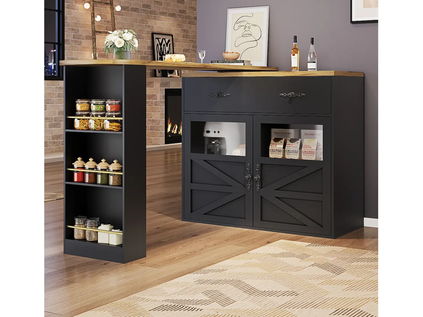 Mesa de bar giratoria de madera con 2 puertas y 1 cajón, con tablero extensible - (138-204) x 39 x 104 cm - color negro