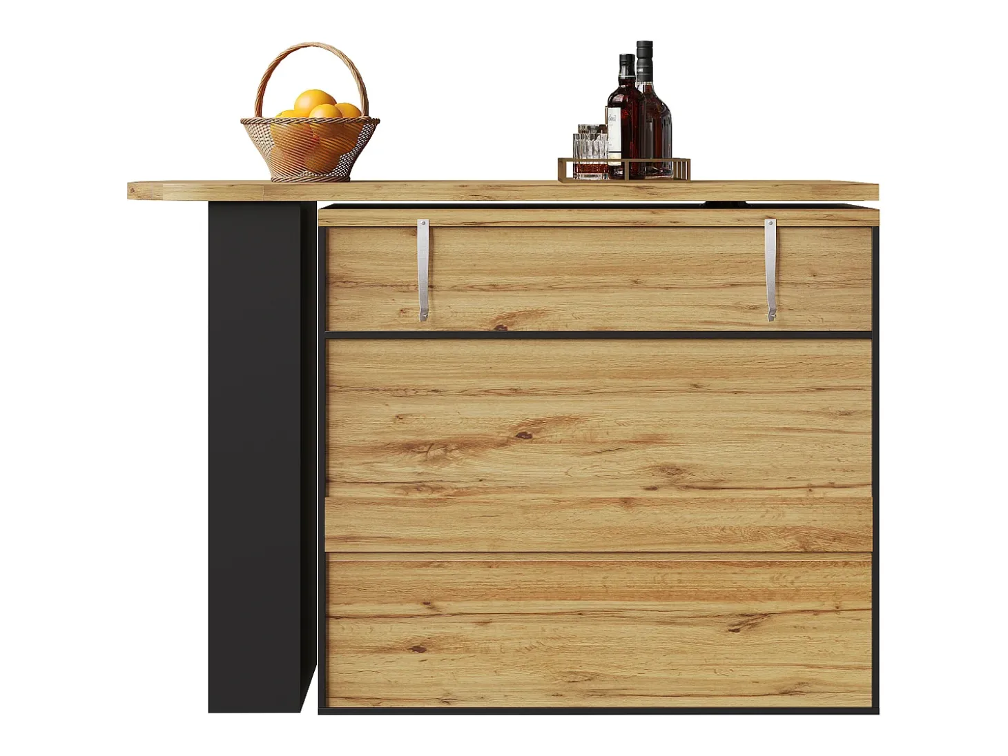 Mesa de bar giratoria de madera con 2 puertas y 1 cajón, con tablero extensible - (138-204) x 39 x 104 cm - color negro