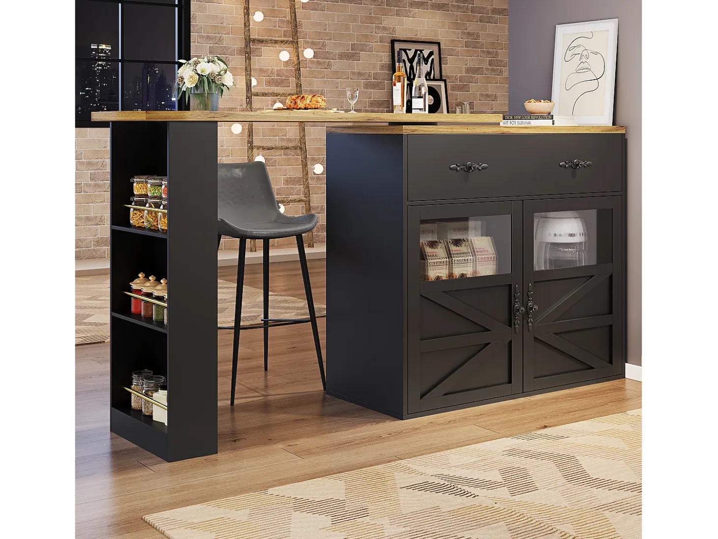 Mesa de bar giratoria de madera con 2 puertas y 1 cajón, con tablero extensible - (138-204) x 39 x 104 cm - color negro