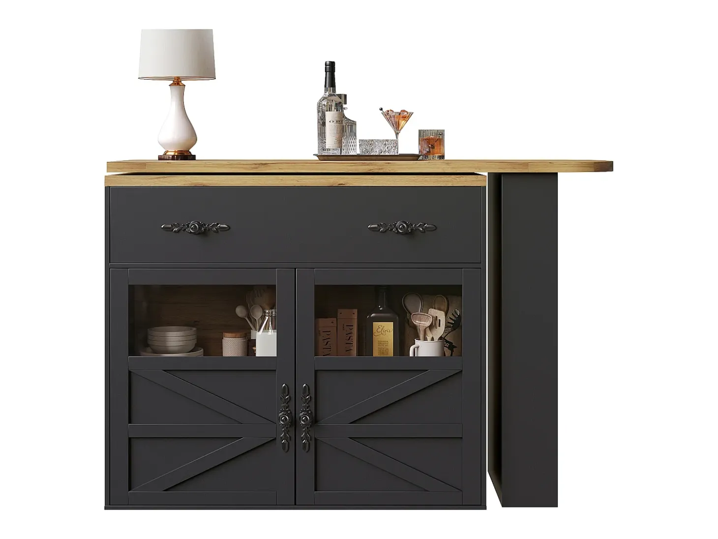 Mesa de bar giratoria de madera con 2 puertas y 1 cajón, con tablero extensible - (138-204) x 39 x 104 cm - color negro