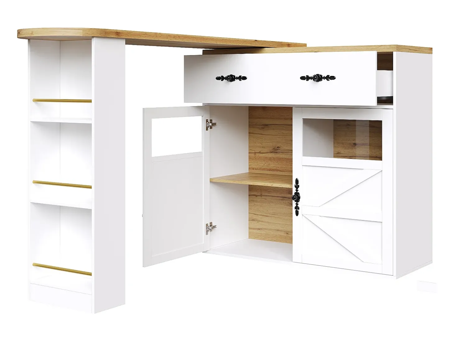 Mesa de bar giratoria de madera con 2 puertas y 1 cajón, con tablero extensible - (138-204) x 39 x 104 cm - blanco