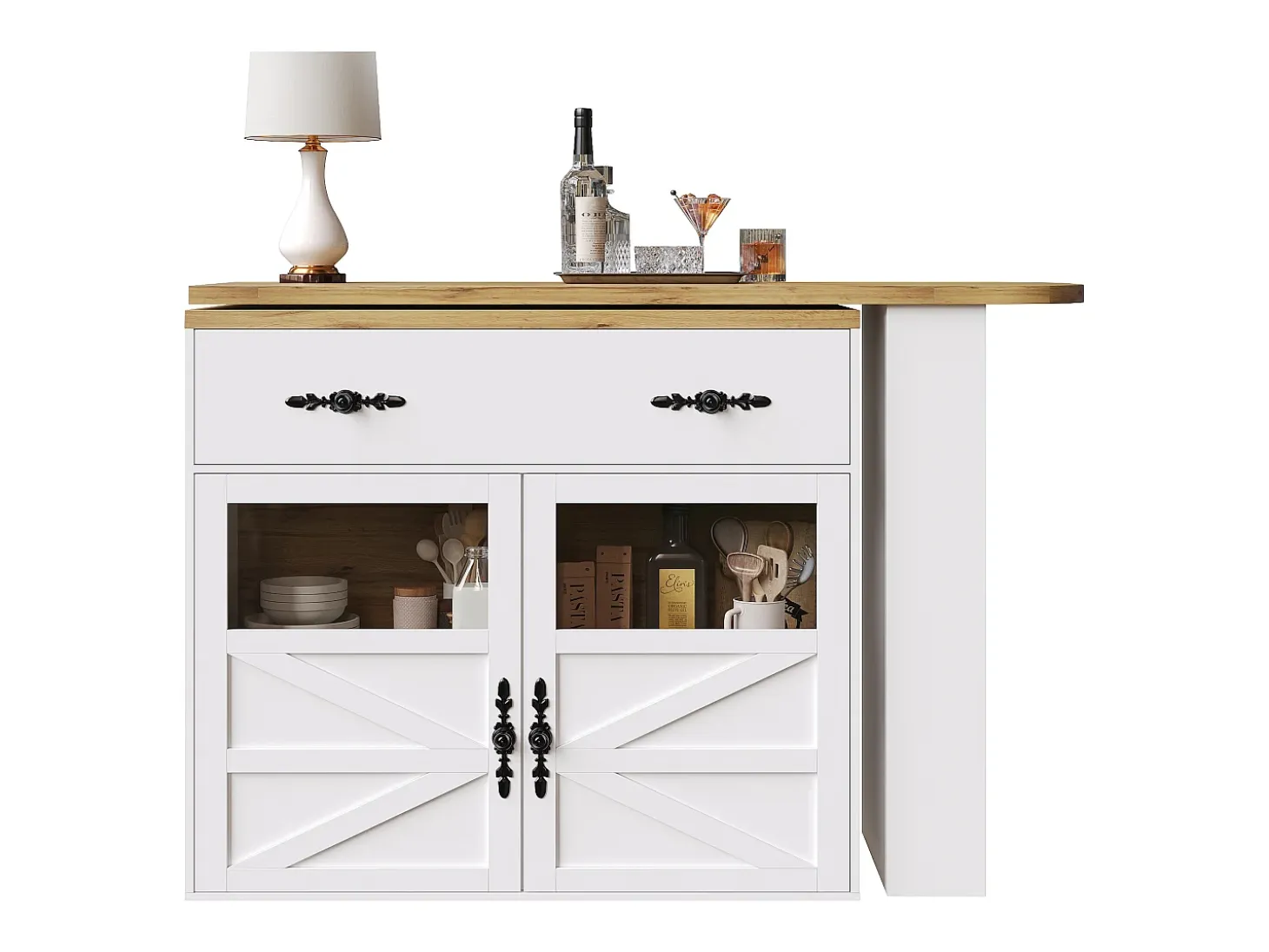 Mesa de bar giratoria de madera con 2 puertas y 1 cajón, con tablero extensible - (138-204) x 39 x 104 cm - blanco
