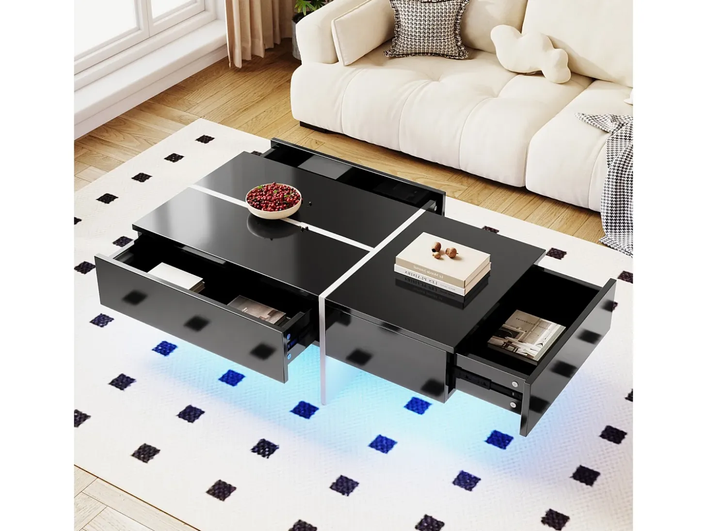 Mesa de café de 3 másditas, con LED y aplicación, panel de partículas, blanco y negro, 100x50 x34.5 cm