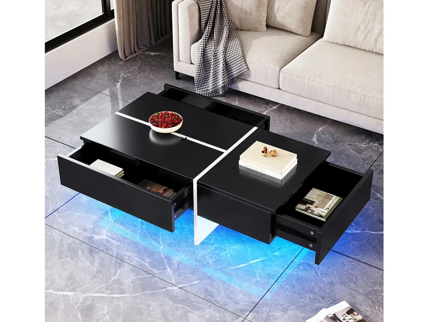 Mesa de café de 3 másditas, con LED y aplicación, panel de partículas, blanco y negro, 100x50 x34.5 cm