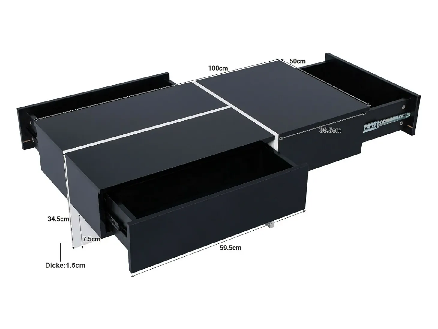Mesa de café de 3 másditas, con LED y aplicación, panel de partículas, blanco y negro, 100x50 x34.5 cm