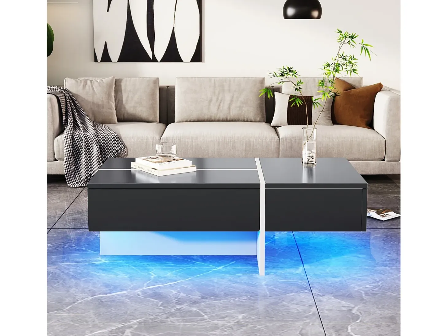 Mesa de café de 3 másditas, con LED y aplicación, panel de partículas, blanco y negro, 100x50 x34.5 cm