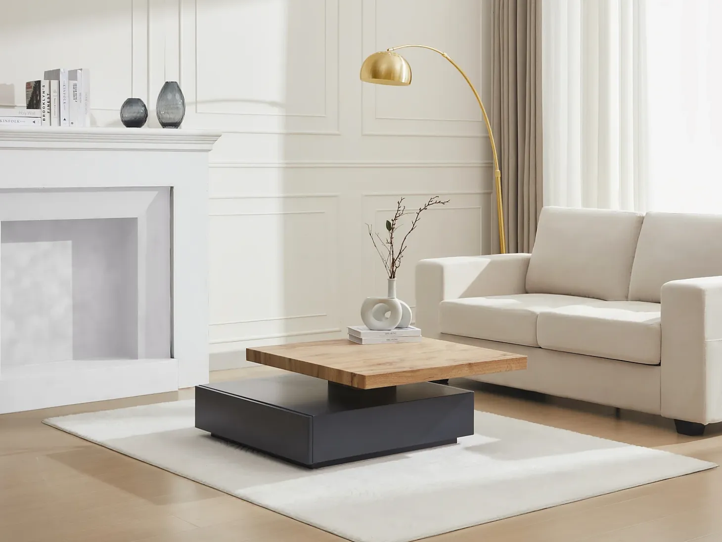 Mesa de centro - 1 cajón y tablero pivotante - MDF - Color: antracita y roble. KYRIA