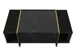 Mesa de centro - 1 puerta y 2 estantes - Efecto mármol negro y dorado - CADEBA