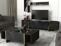 Mesa de centro - 1 puerta y 2 estantes - Efecto mármol negro y dorado - CADEBA