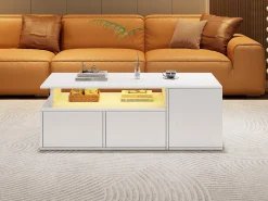 Mesa de centro - 100 x 50 x 35 cm - Mesa de centro para salón - Con LED + 2 cajones - Tablero de aglomerado - Blanco