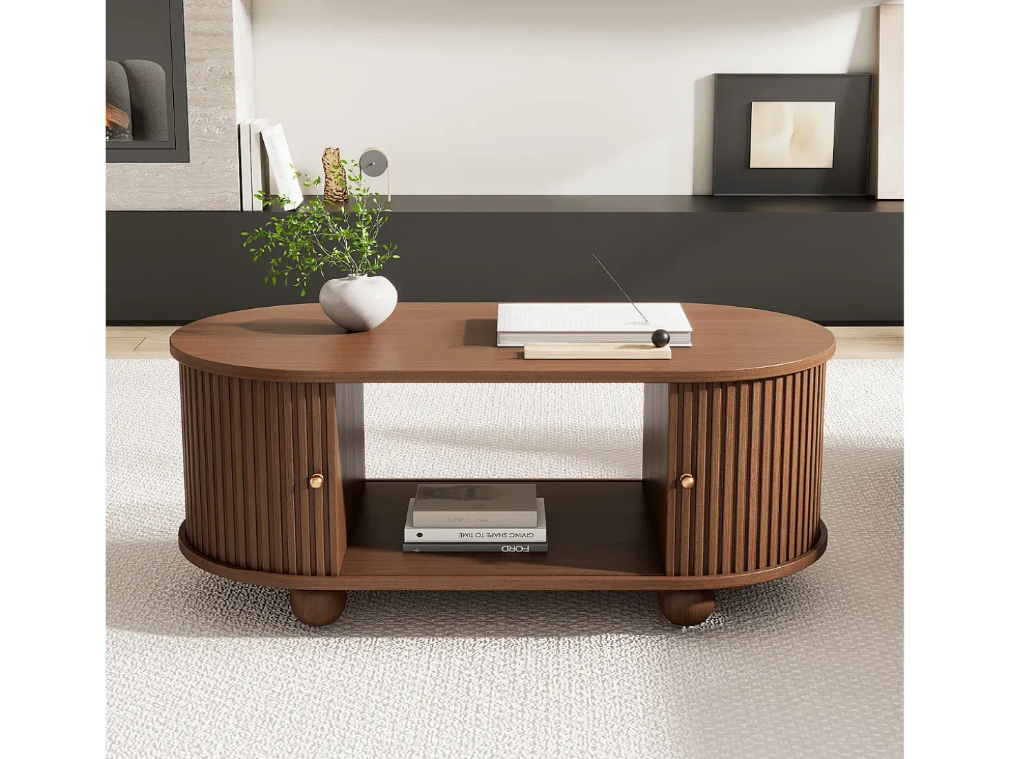 Mesa de centro 100×50×40 cm - con 2 puertas correderas - compartimento de almacenamiento - marrón