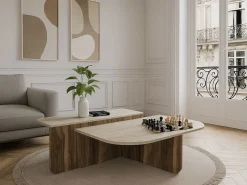 Mesa de centro - Efecto travertino beige y natural oscuro - MARALIA