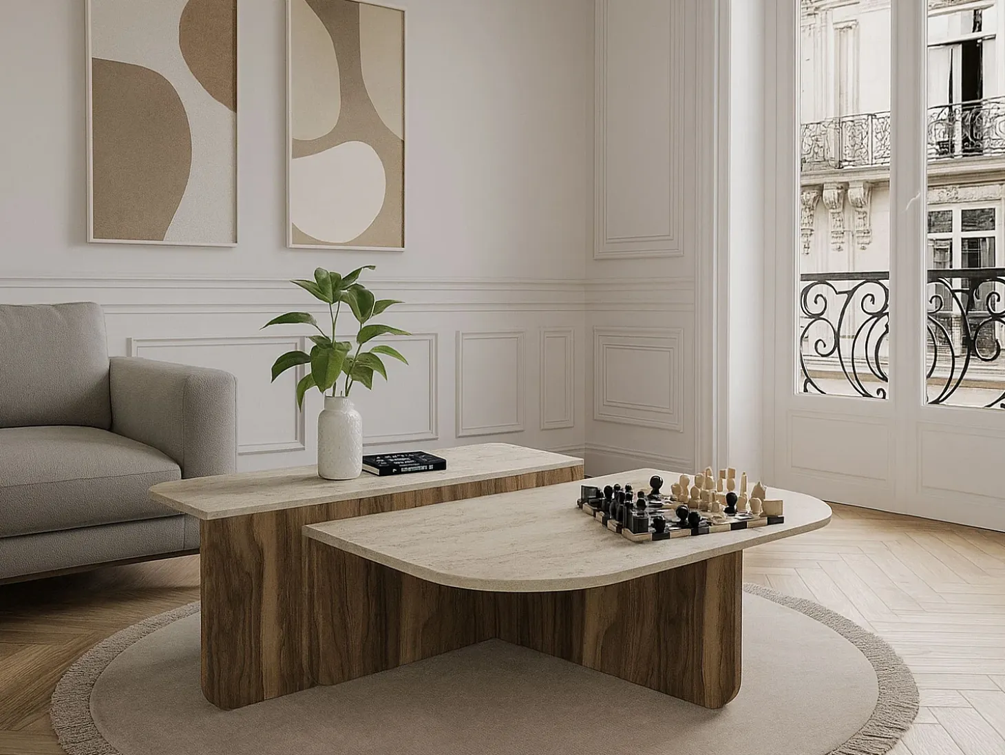 Mesa de centro - Efecto travertino beige y natural oscuro - MARALIA