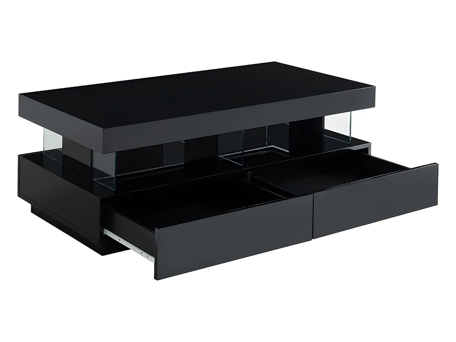 Mesa de centro - MDF lacado - LEDs - 2 cajones y 2 estantes - Negro - FABIO II