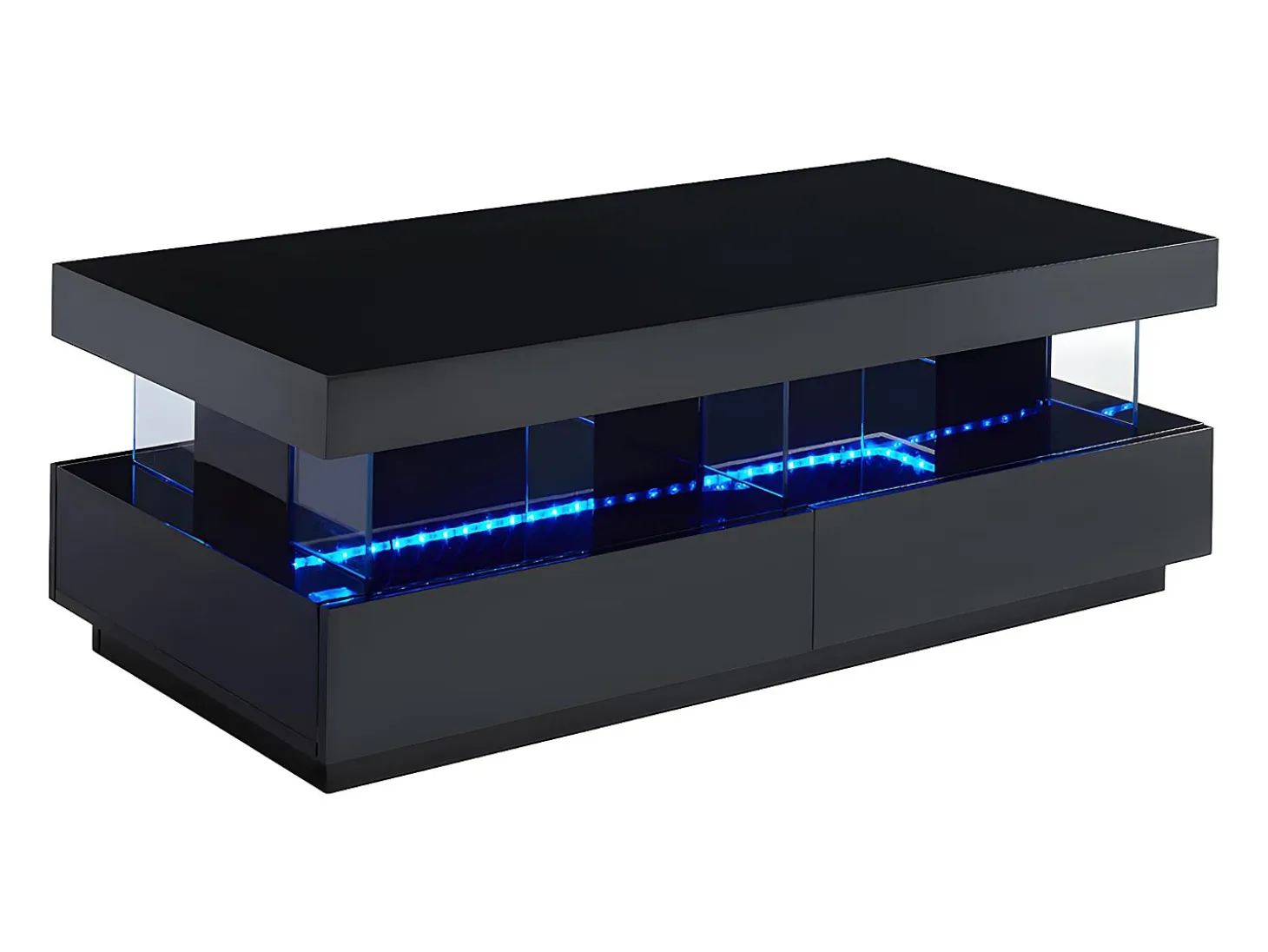 Mesa de centro - MDF lacado - LEDs - 2 cajones y 2 estantes - Negro - FABIO II