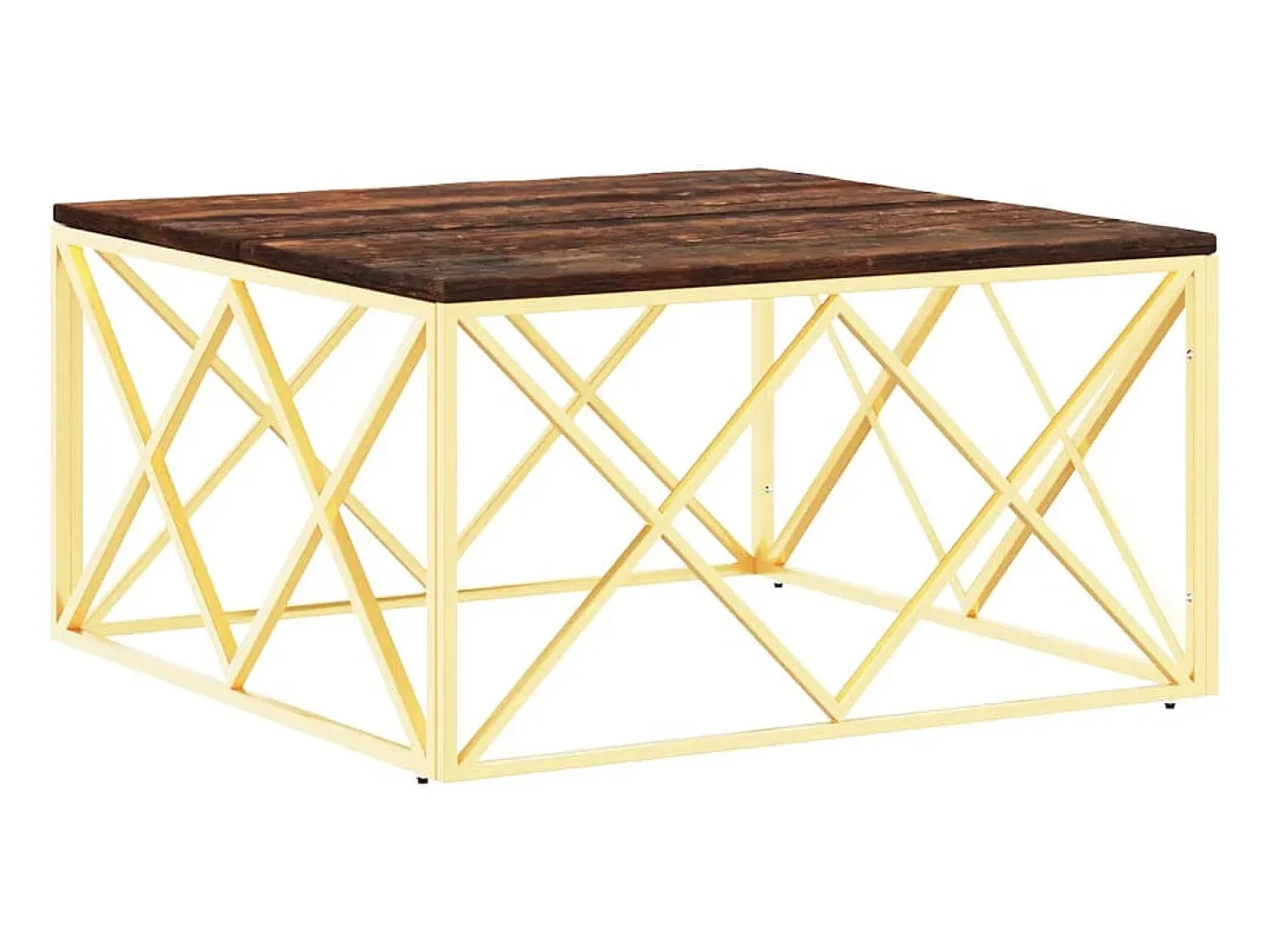 Mesa de centro acero inoxidable madera maciza reciclada dorada