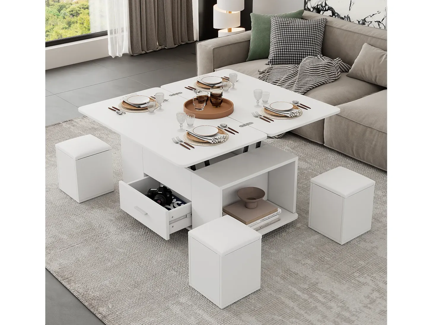 Mesa de centro ajustable en altura 100x50x45cm - multifuncional 4 en 1 - con 1 cajón - con 4 taburetes - blanca