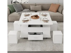 Mesa de centro ajustable en altura 100x50x45cm - multifuncional 4 en 1 - con 1 cajón - con 4 taburetes - blanca