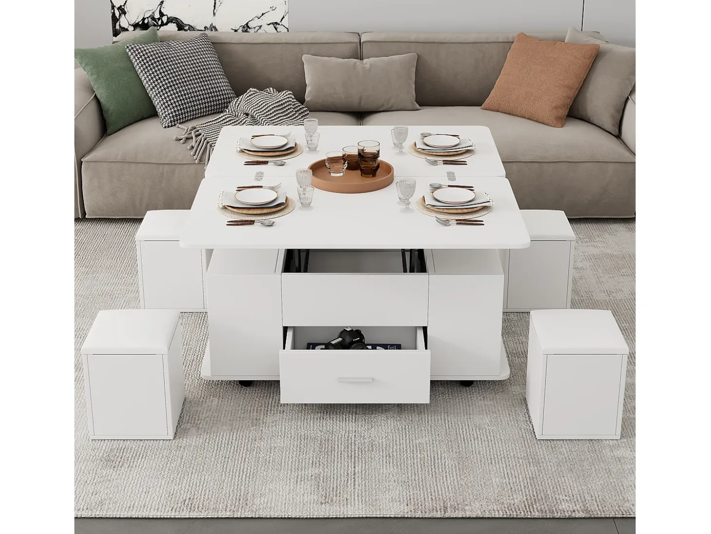 Mesa de centro ajustable en altura 100x50x45cm - multifuncional 4 en 1 - con 1 cajón - con 4 taburetes - blanca
