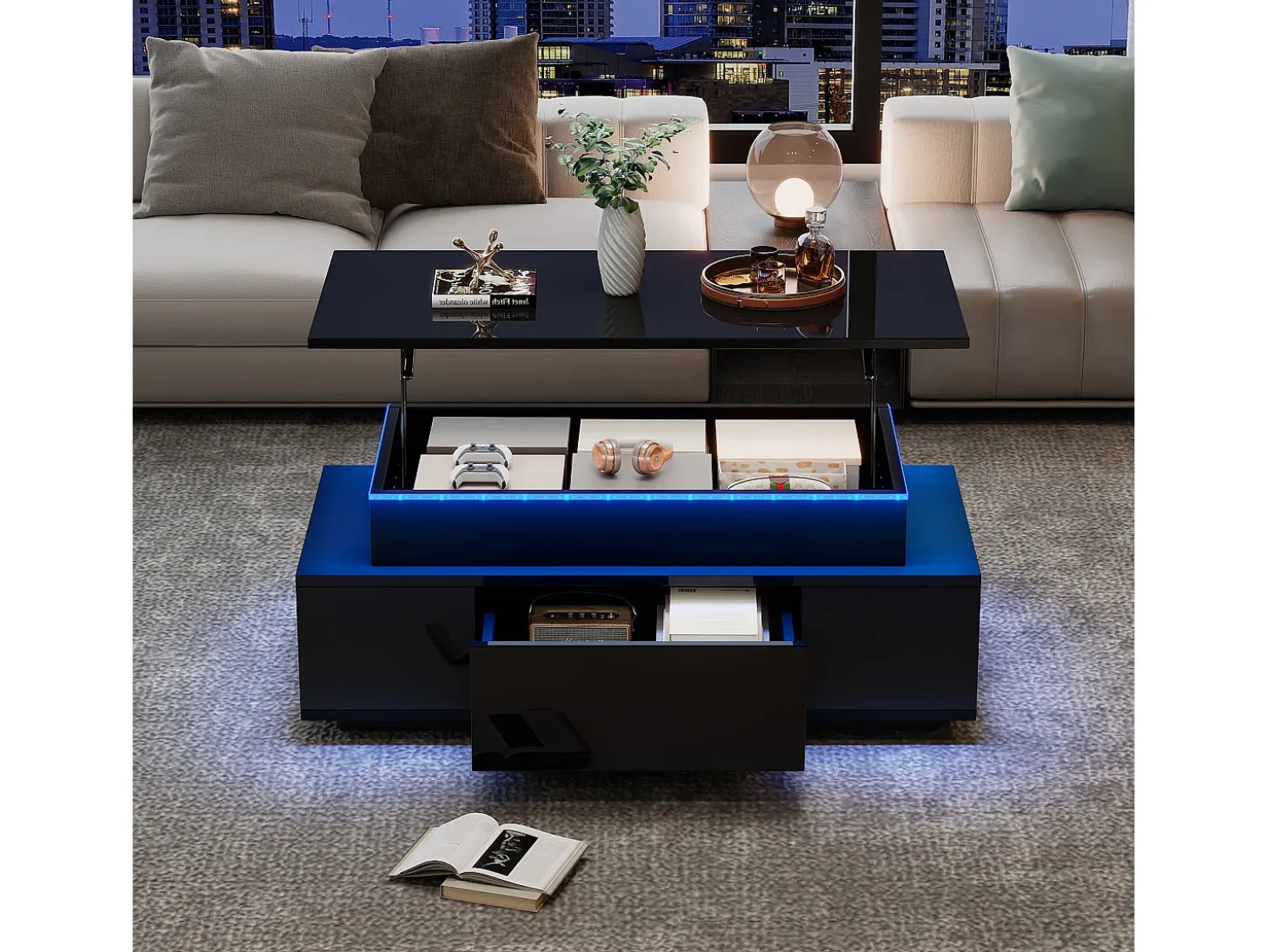 Mesa de centro ajustable en altura 96x45x40cm - con almacenamiento oculto - con 1 cajón - con iluminación LED - negra