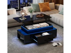 Mesa de centro ajustable en altura 96x45x40cm - con almacenamiento oculto - con 1 cajón - con iluminación LED - negra