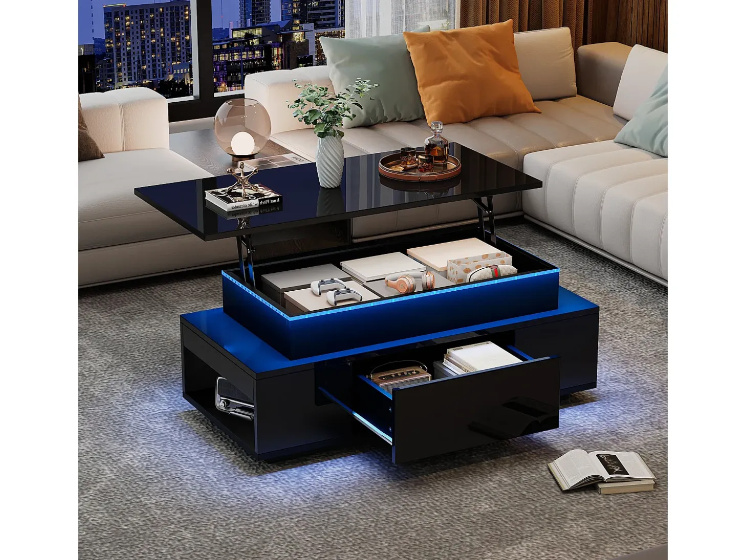 Mesa de centro ajustable en altura 96x45x40cm - con almacenamiento oculto - con 1 cajón - con iluminación LED - negra