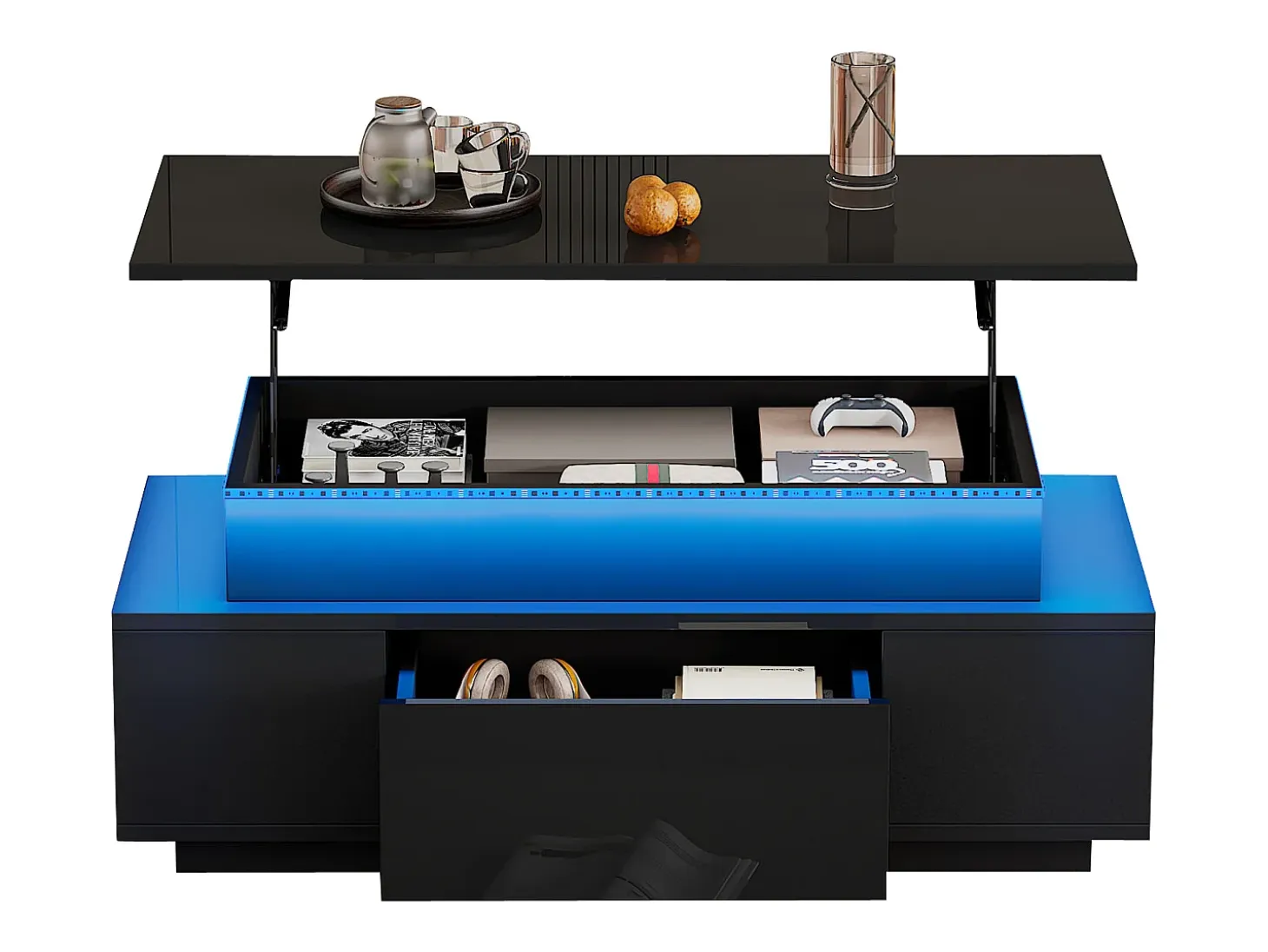 Mesa de centro ajustable en altura 96x45x40cm - con almacenamiento oculto - con 1 cajón - con iluminación LED - negra