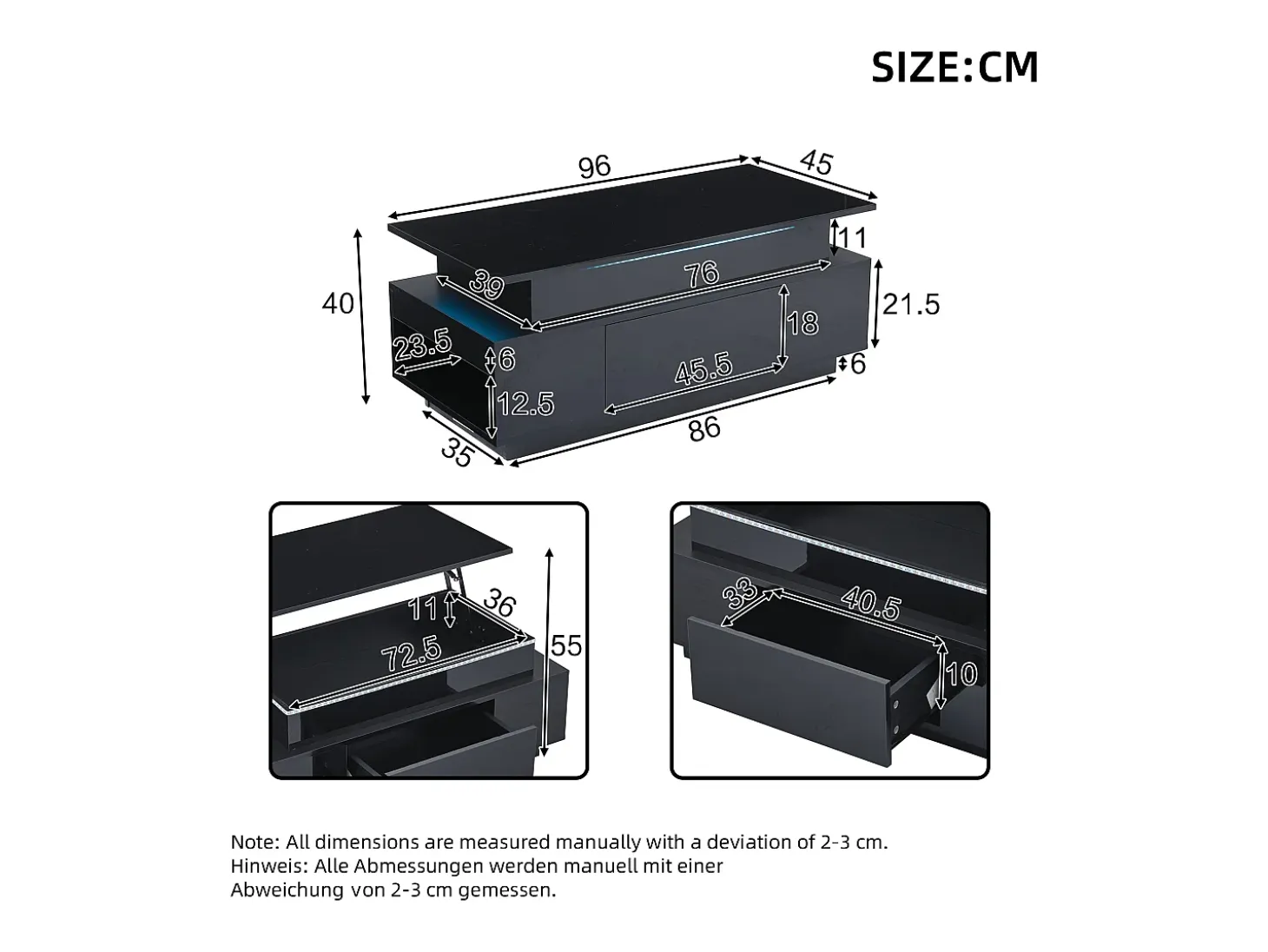 Mesa de centro ajustable en altura 96x45x40cm - con almacenamiento oculto - con 1 cajón - con iluminación LED - negra
