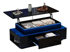 Mesa de centro ajustable en altura 96x45x40cm - con almacenamiento oculto - con 1 cajón - con iluminación LED - negra