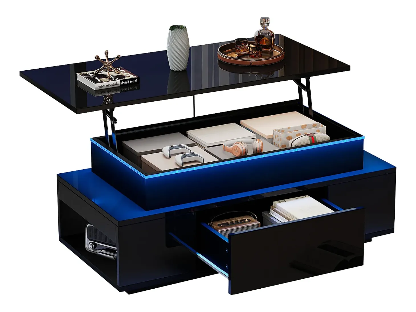 Mesa de centro ajustable en altura 96x45x40cm - con almacenamiento oculto - con 1 cajón - con iluminación LED - negra