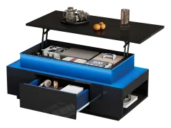 Mesa de centro ajustable en altura 96x45x40cm - con almacenamiento oculto - con 1 cajón - con iluminación LED - negra