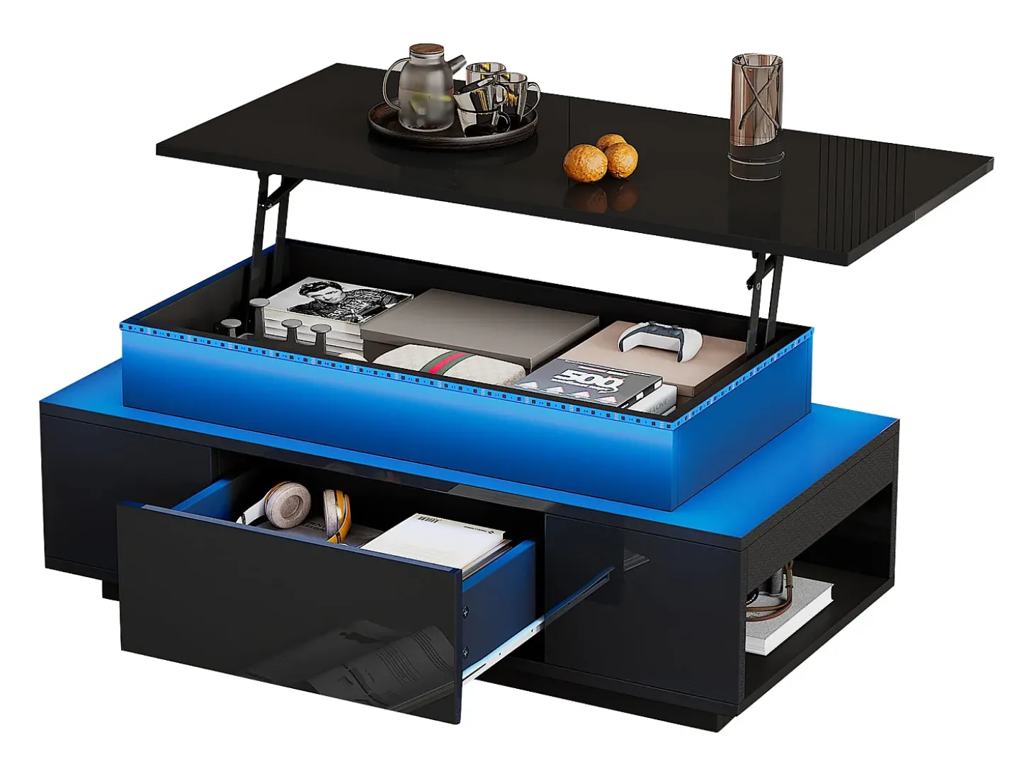 Mesa de centro ajustable en altura 96x45x40cm - con almacenamiento oculto - con 1 cajón - con iluminación LED - negra