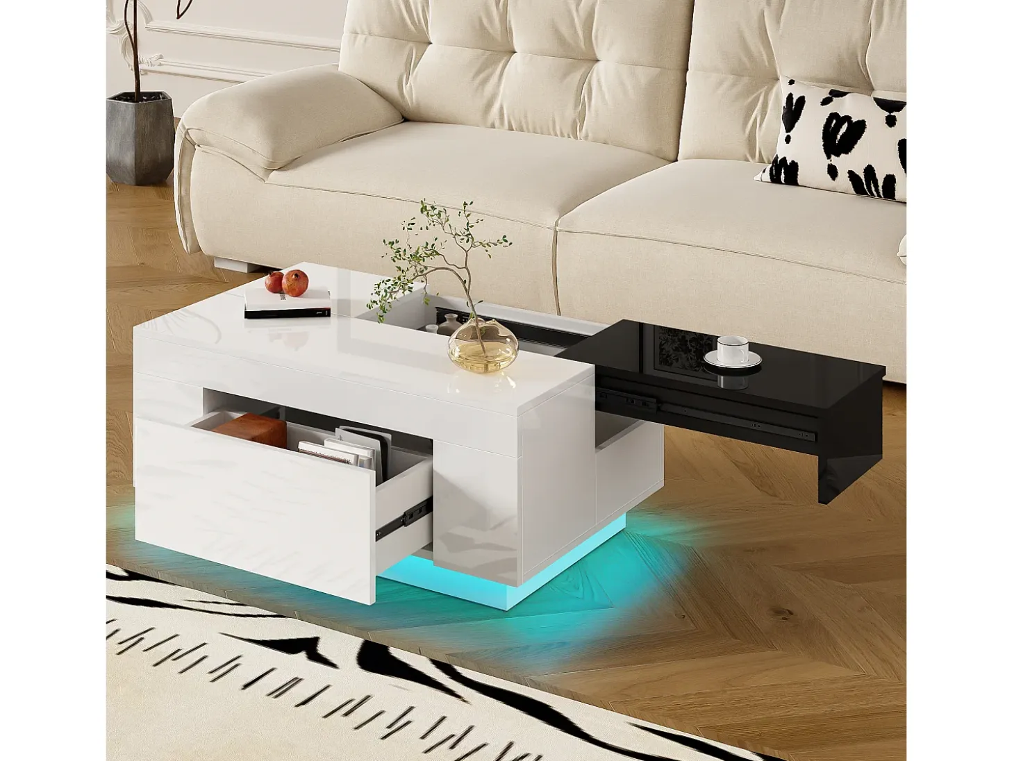 Mesa de centro alto brillo 80×50×35,5 cm - Iluminación LED - 1 cajón - Tablero extensible - Blanco + Negro