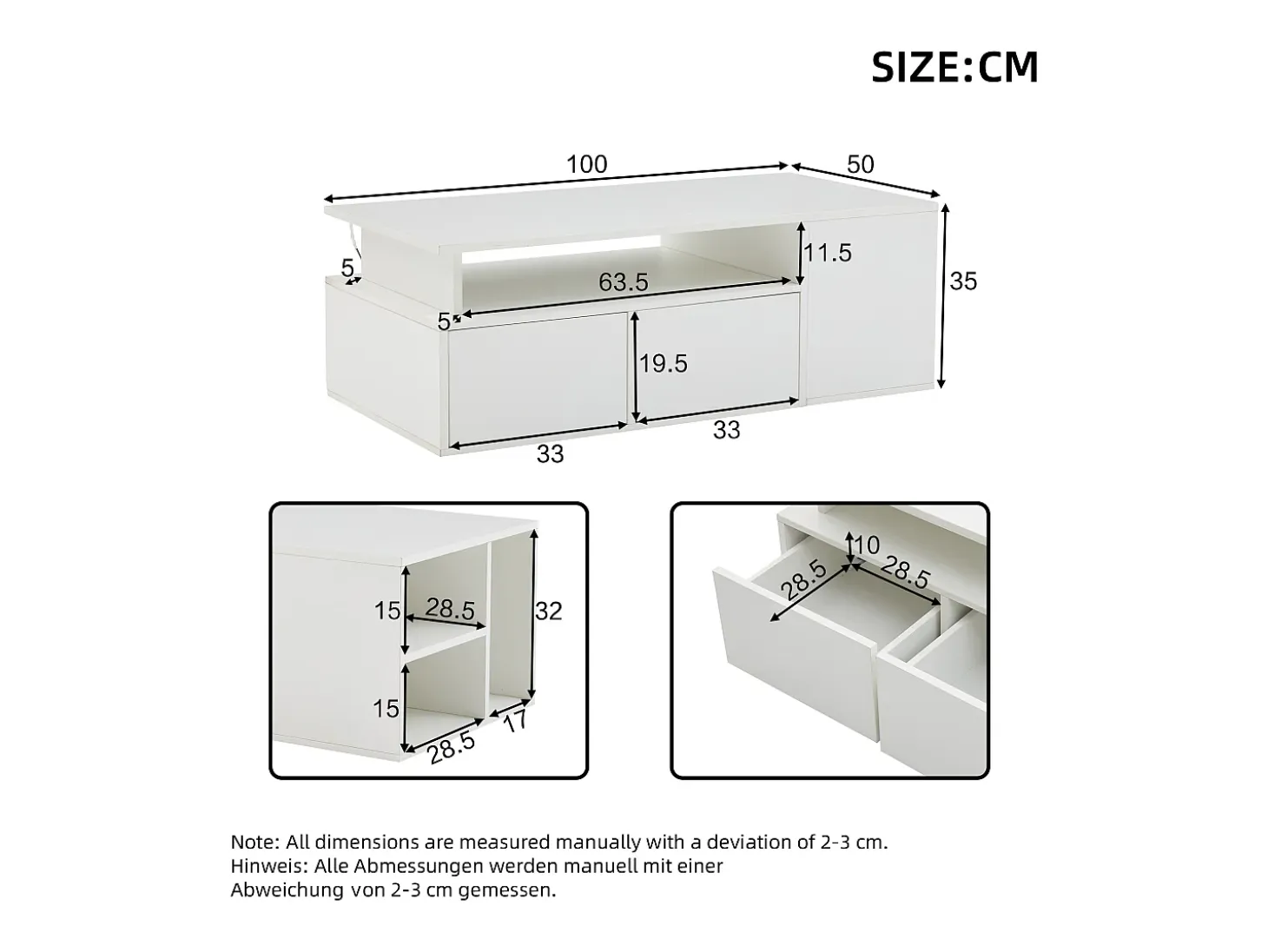 Mesa de centro alto brillo 100×50×35 cm - con iluminación LED - 2 cajones - 3 compartimentos de almacenamiento - blanco