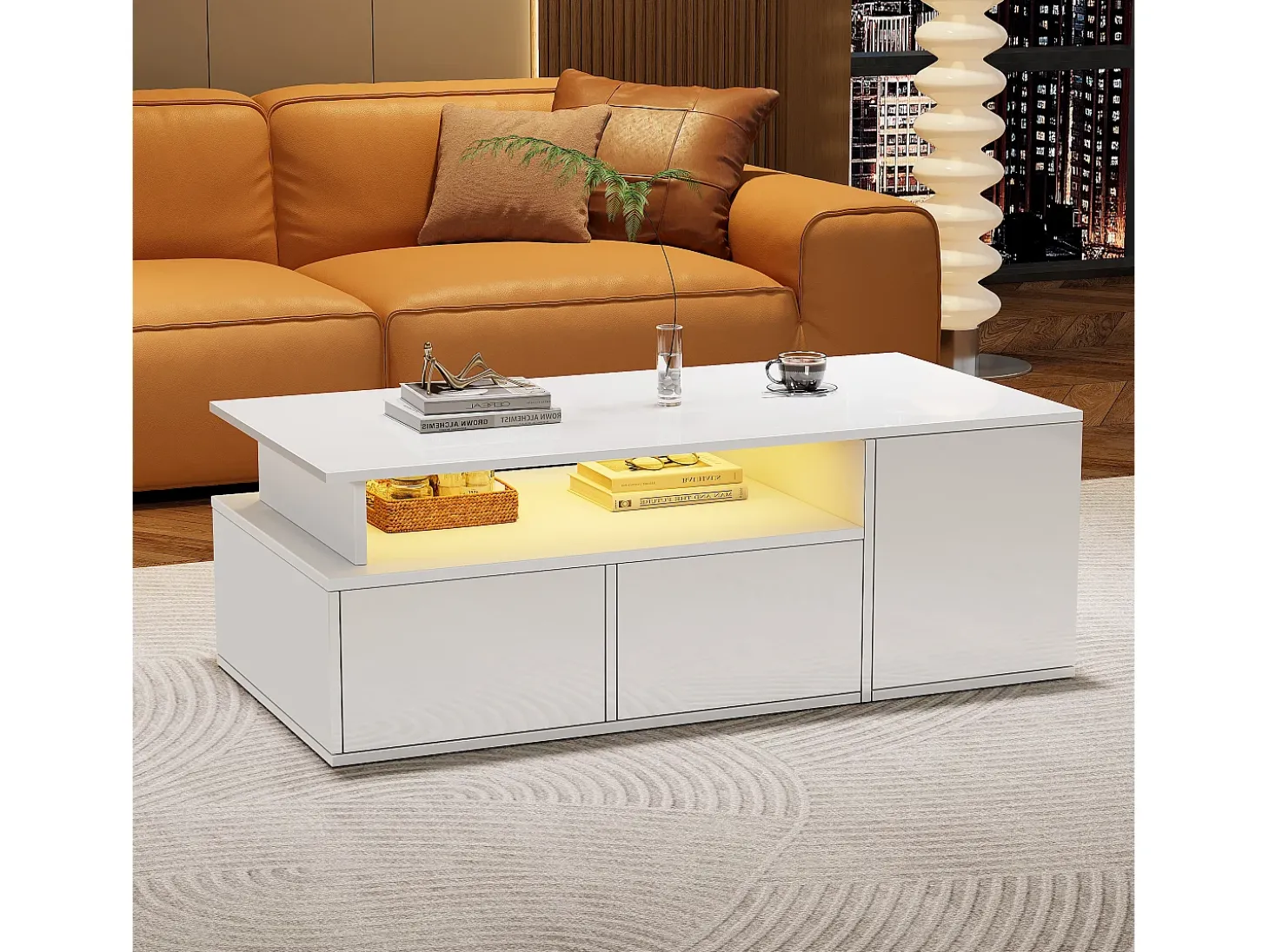 Mesa de centro alto brillo 100×50×35 cm - con iluminación LED - 2 cajones - 3 compartimentos de almacenamiento - blanco