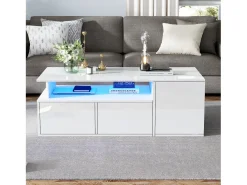 Mesa de centro alto brillo 100×50×35 cm - con iluminación LED - 2 cajones - 3 compartimentos de almacenamiento - blanco